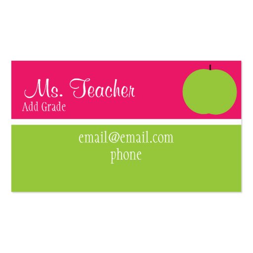 Pink and Green Apple Teacher Busness Cards Business Card Templates (front side)