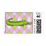 Pink and Green Argyle Preppy Alligator Postage Stamp