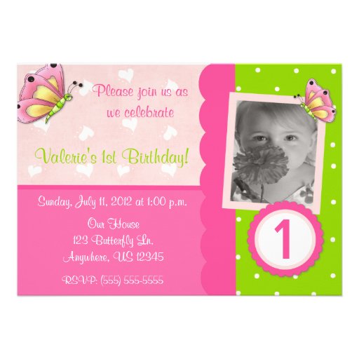 Pink and Green Butterfly Girls Birthday Invitation