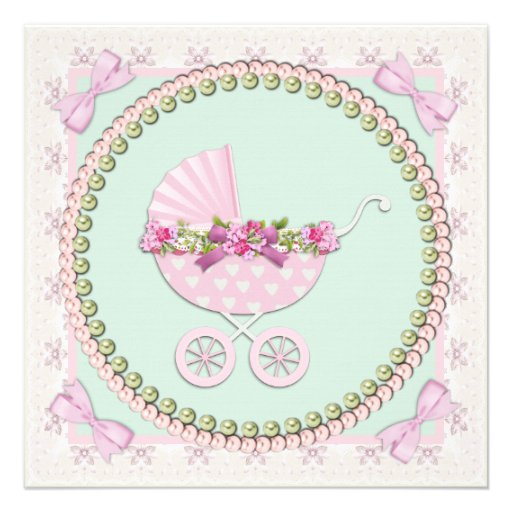 Pink and Green Carriage Baby Shower Announcements