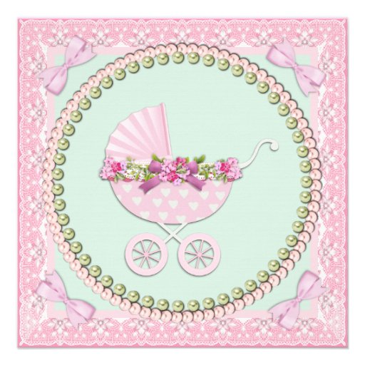 Pink and Green Carriage Baby Shower Personalized Announcements
