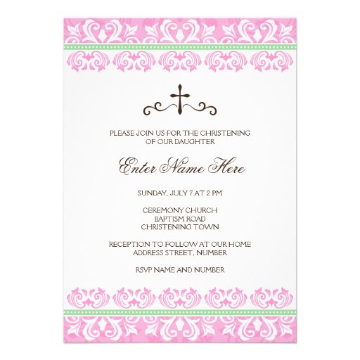 Pink and green damask baptism/christening invite