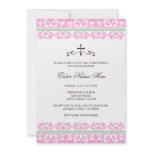 Pink and green damask baptism/christening invite invitations