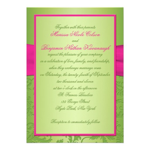 Pink and Green Damask Monogrammed Invitation