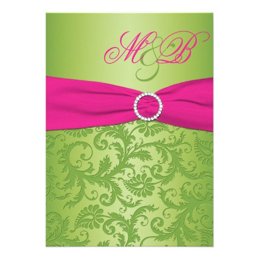Pink and Green Damask Monogrammed Invitation