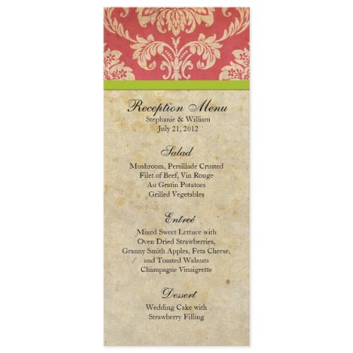 Pink and Green Damask Reception Menu invitation