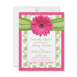 Pink and Green Damask Save the Date Card invitation