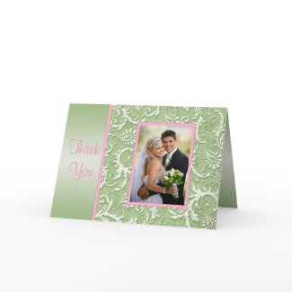 Pink and Green Damask Thank You Card with Photo card