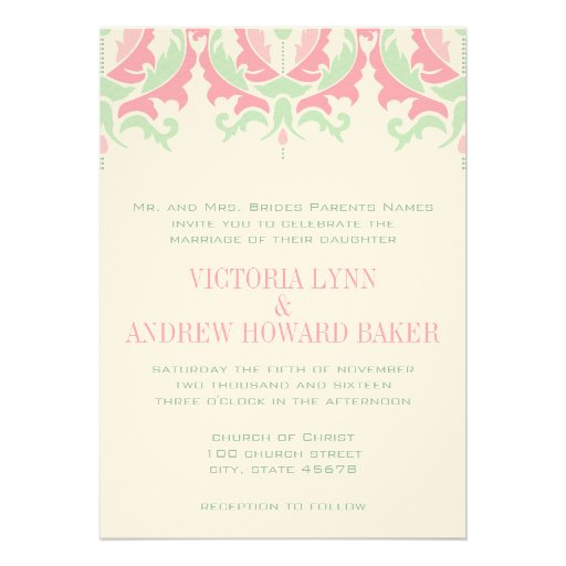 Pink and Green Damask Wedding Invitation