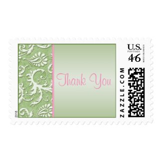 Pink and Green Damask Wedding Thank You Postage stamp
