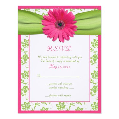 Pink and Green Floral Damask Wedding Reply Card Announcements