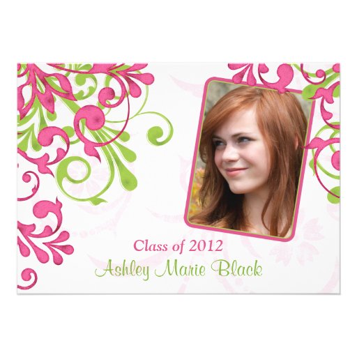 Pink and Green Floral Photo Graduation Invitation