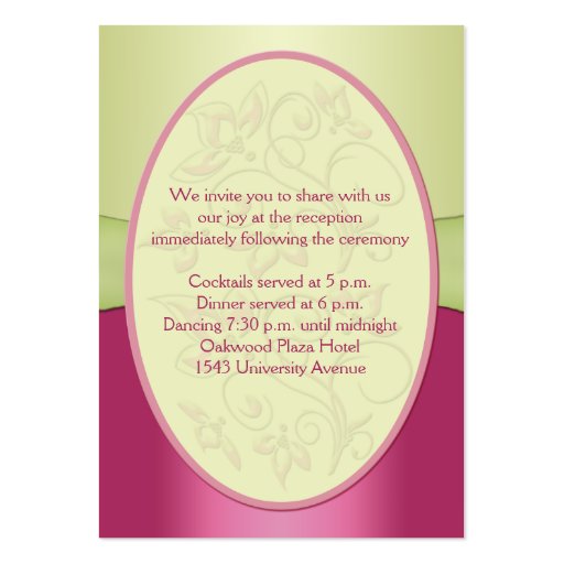 Pink and Green Floral Reception Card Business Card Templates (back side)