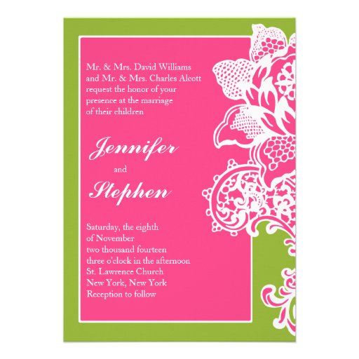 Pink and Green Floral Scroll Wedding Invitation