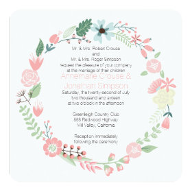 Pink And Green Floral Wreath Wedding 5.25x5.25 Square Paper Invitation Card