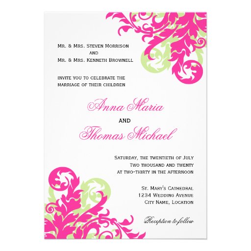 Pink and Green Flourish Wedding Invitation