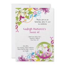 Pink and Green Flowers Peace Sign Sweet 16 Invite