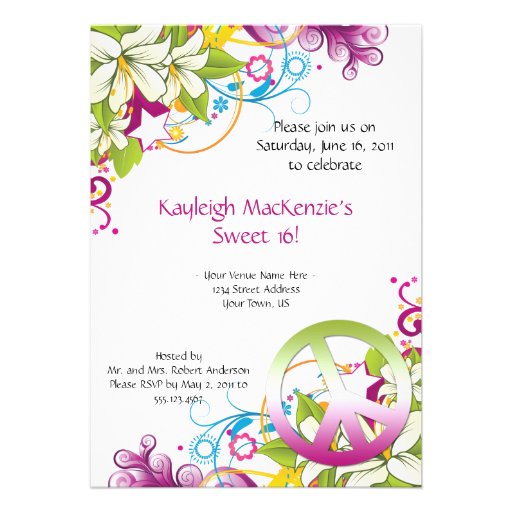 Pink and Green Flowers Peace Sign Sweet 16 Invite