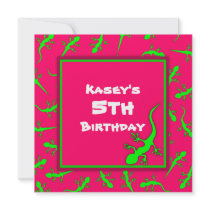 Pink and Green Gecko Lizards Theme Birthday Party Personalized Invitations