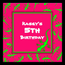 Pink and Green Gecko Lizards Theme Birthday Party invitations