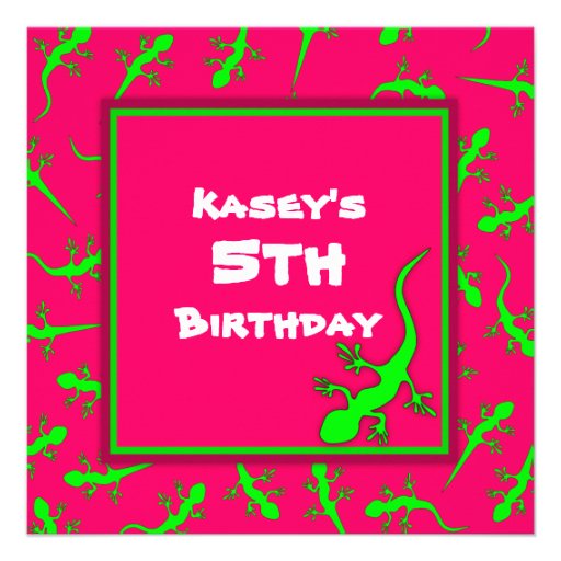 Pink and Green Gecko Lizards Theme Birthday Party Personalized Invitations
