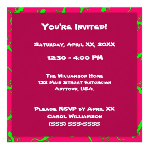 Pink and Green Gecko Lizards Theme Birthday Party Personalized Invitations