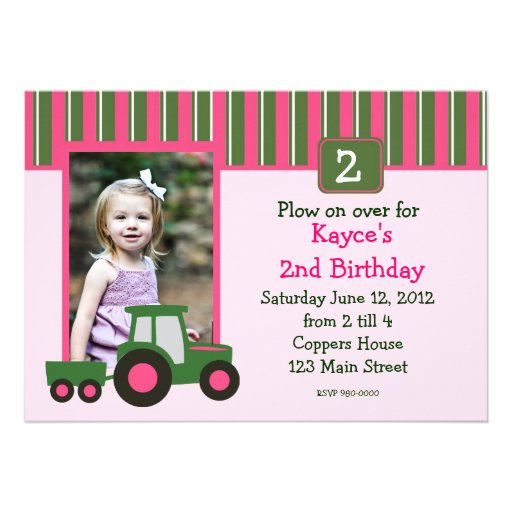 Pink and Green Girl Tractor Birthday Invite