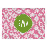 Pink and Green Greek Key Pattern Monogram Greeting Cards