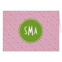 Pink and Green Greek Key Pattern Monogram Greeting Cards