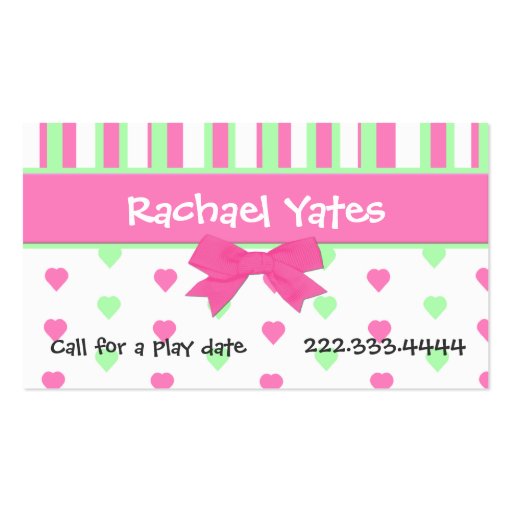 Pink and Green Hearts and Stripes Play Date Card Business Cards