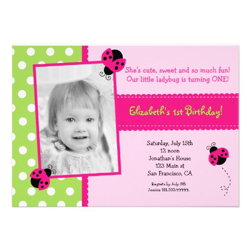 Pink and Green Ladybug BIrthday Party Invitations