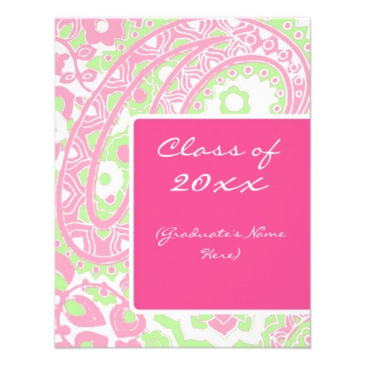 Pink and Green Paisley Graduation Announcement (front side)
