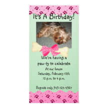 Pink and Green Paw Print Birthday Invitation Photo Greeting Card