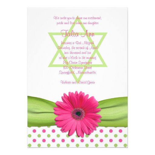 Pink and Green Polka Dots Bat Mitzvah Invitation (front side)