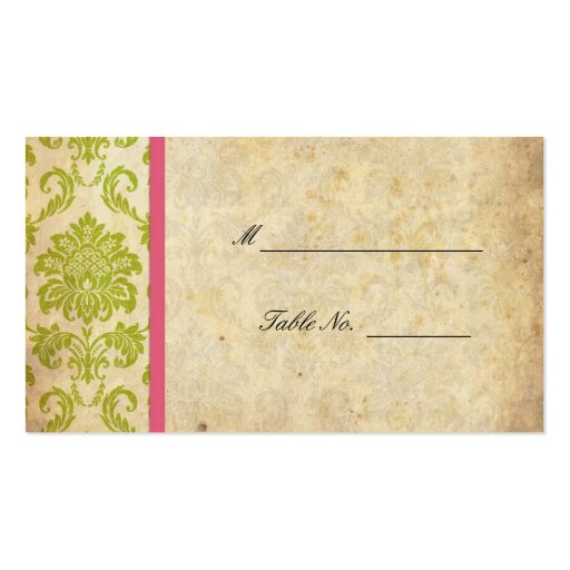 Pink and Green Vintage Damask Wedding Placecards Business Card Template (front side)