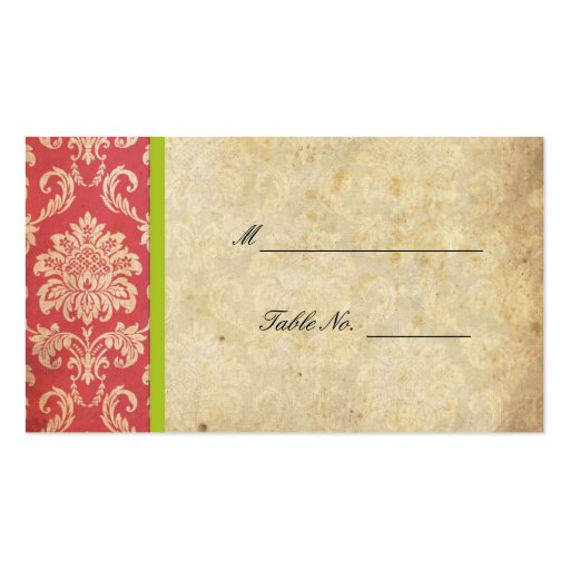 Pink and Green Vintage Damask Wedding Placecards Business Cards (front side)