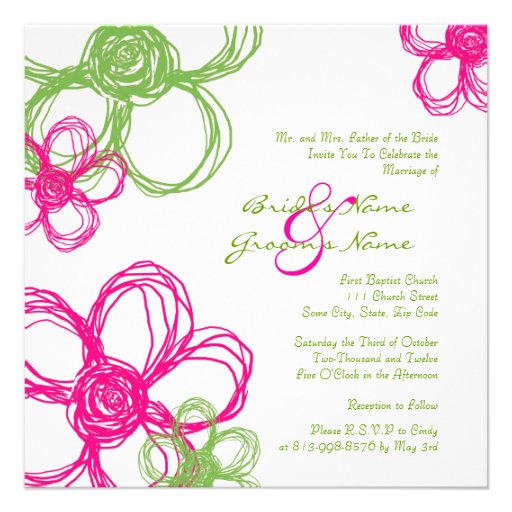Pink and Green Wild Flowers Wedding Invitation