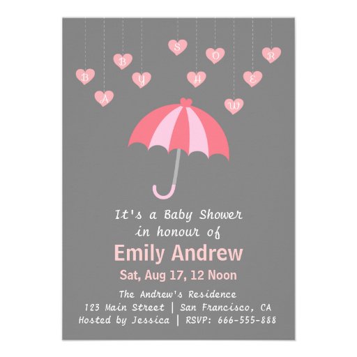 Pink and Grey Baby Shower with Love and Umbrella Announcements
