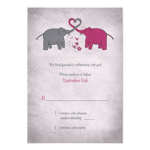 Pink and Grey Elephant Wedding Reply Card Custom Invitation