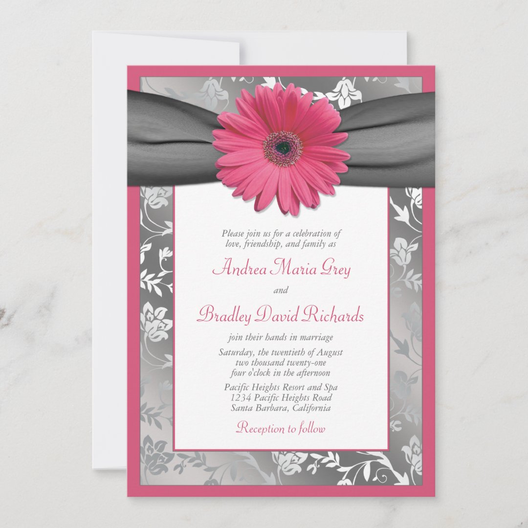 Pink And Grey Floral Damask Wedding Invitation Zazzle