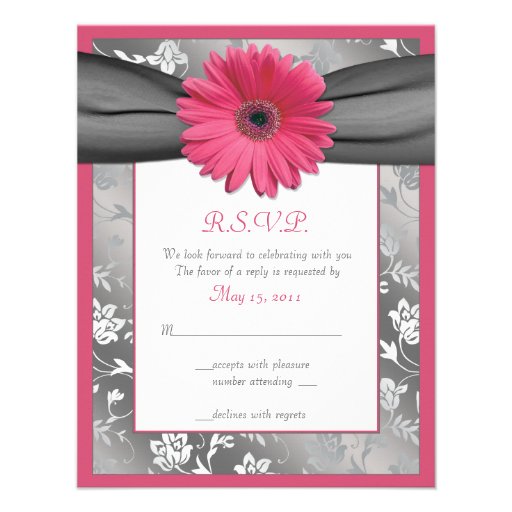 Pink and Grey Floral Damask Wedding Reply Card Personalized Announcement