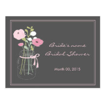 Pink and Grey Mason Jar Bridal Shower Advice Postcard