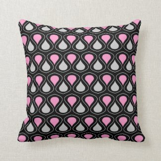 Pink And Grey Teardrop Pattern On Black Throw Pillows