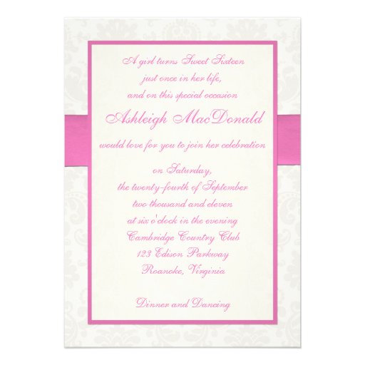 Pink and Ivory Damask Sweet Sixteen Invitation