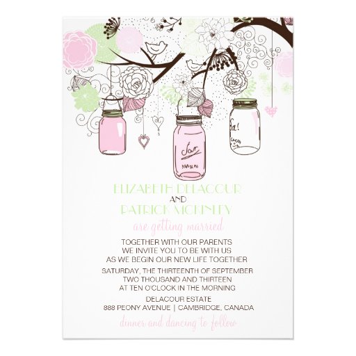 Pink and Mint Green Mason Jars Wedding Invitation