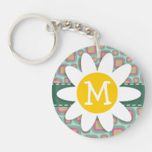 Pink and Mint Retro Pattern; Daisy Keychain
