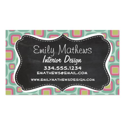 Pink and Mint Retro Pattern; Vintage Chalkboard Business Cards (front side)