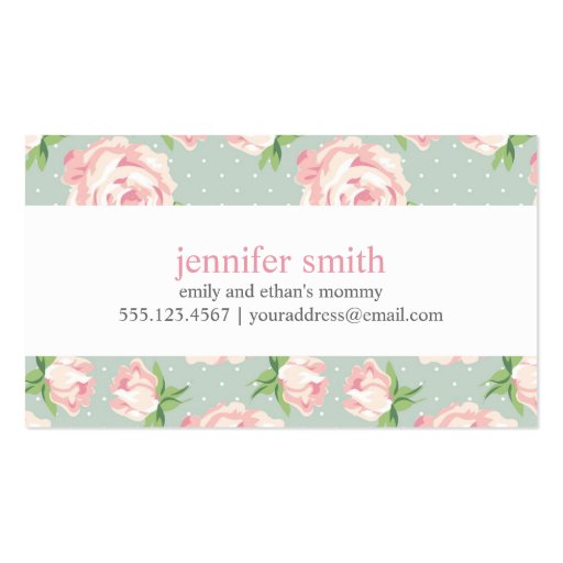 Pink and Mint Vintage Roses Pattern Business Card Templates (front side)