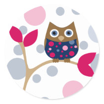 Pink and Navy Baby Owl Round Stickers