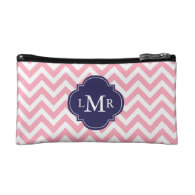 Pink and Navy Blue Zigzags Monogram Cosmetic Bag